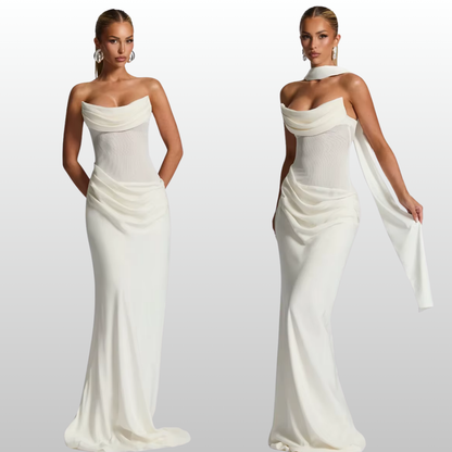 Model wearing Seraphina white strapless backless maxi dress with gloves and scarf
