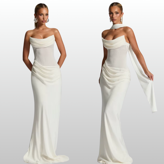 Model wearing Seraphina white strapless backless maxi dress with gloves and scarf
