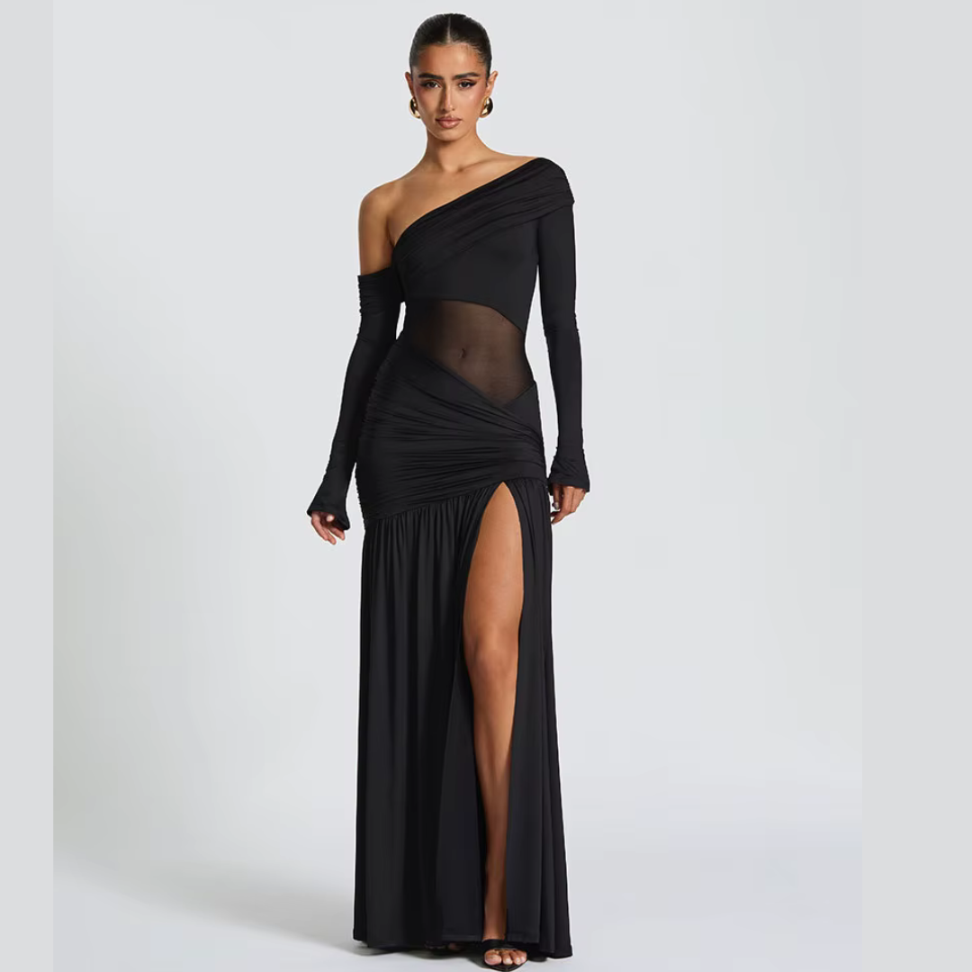 Elowen Maxi Dress in Black – Elegant Satin Evening Gown with Lace-Up Back