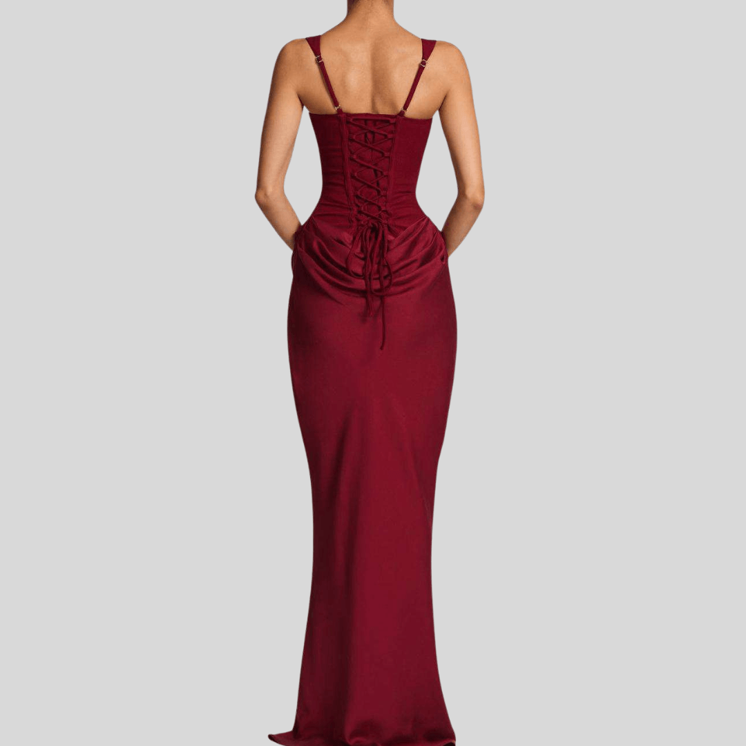 The Celina Maxi Dress in burgundy elegant evening maxi dress
