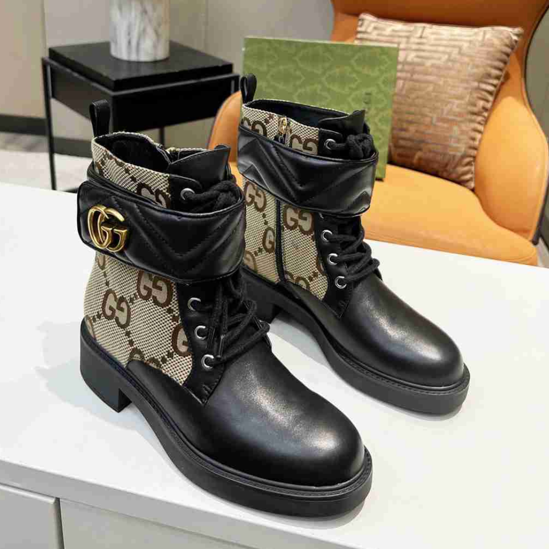 Gucci Macro GG Combat Boots Black Ebony – Authentic Designer Luxury Footwear