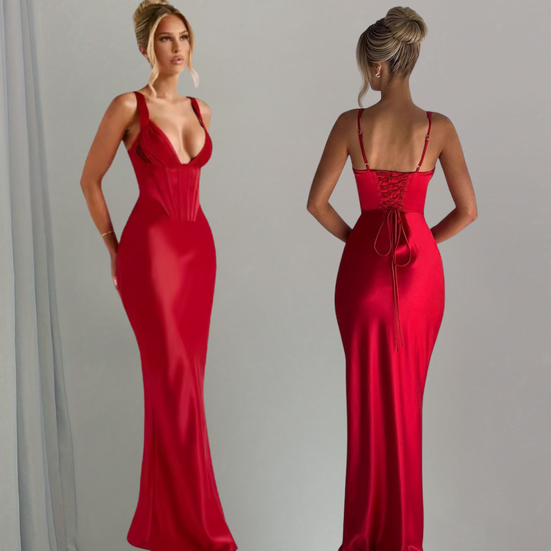 Valeria Red Maxi Evening Dress – Elegant Backless Corset Detail