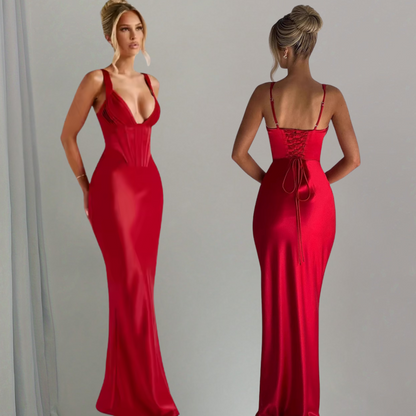 Valeria Red Maxi Evening Dress – Elegant Backless Corset Detail