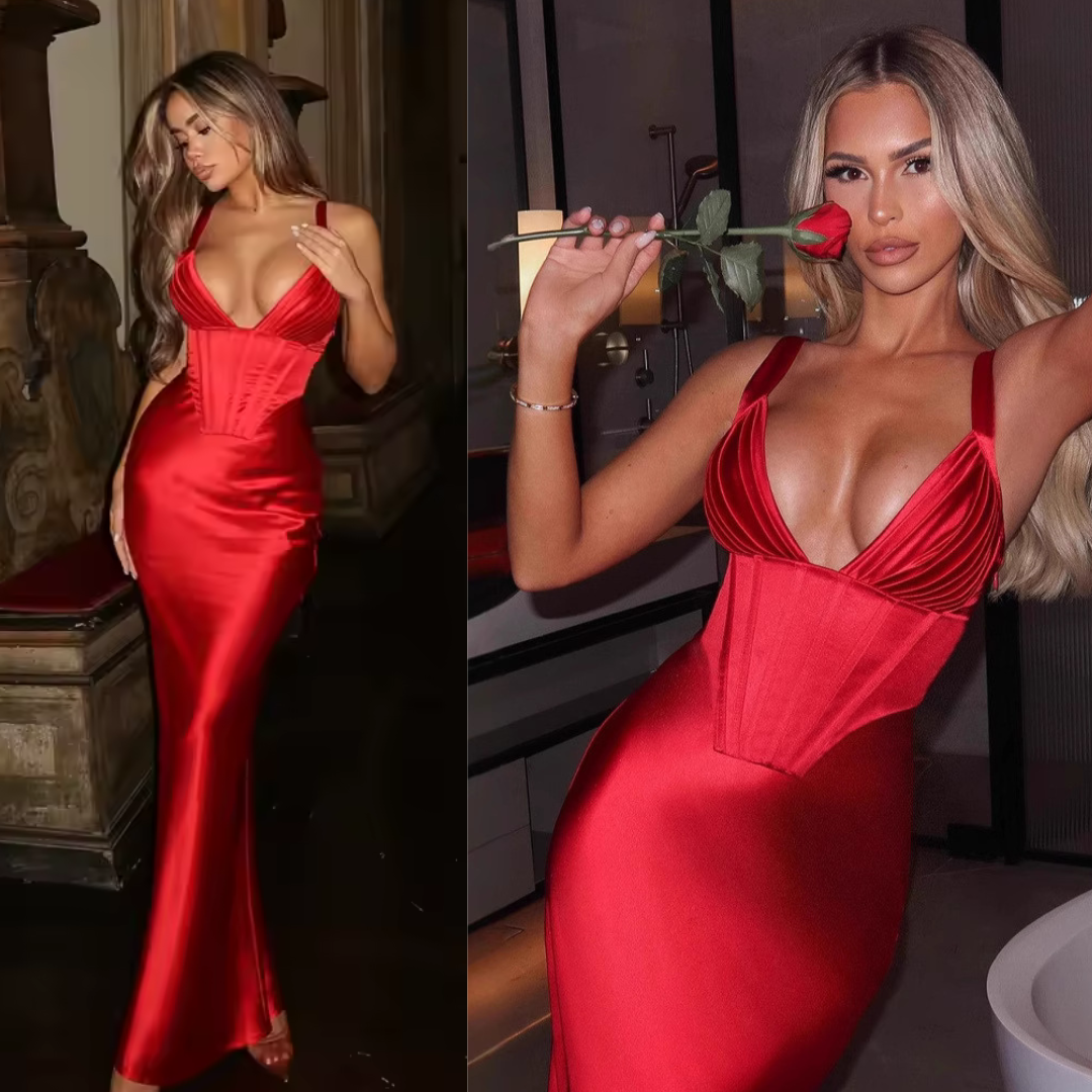 Women's Sexy Deep V-Neck Red Maxi Dress for Weddings and Parties