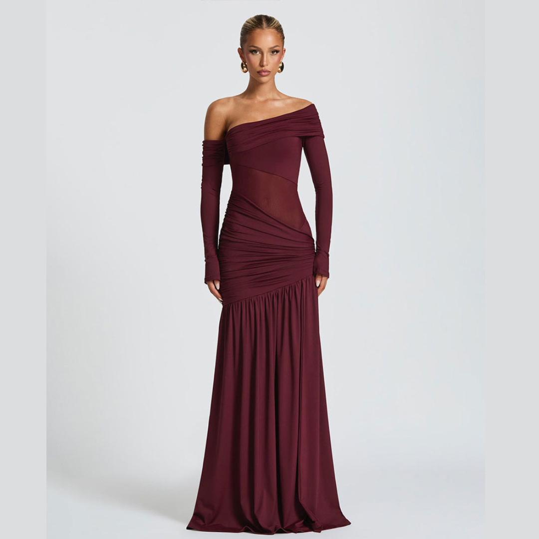 Elowen Maxi Dress in Cherry Lacquer – Elegant Satin Evening Gown with Lace-Up Back
