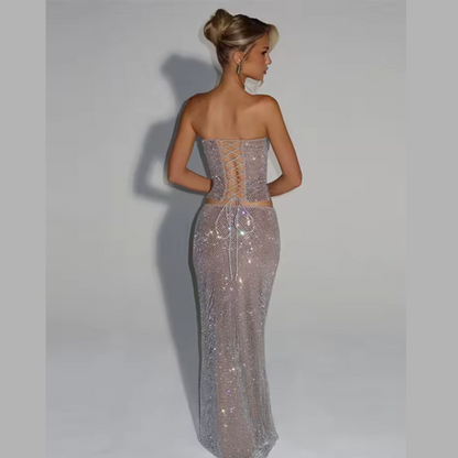 Aurelia Silver Two-Piece Set – Chic Crop Top & Bodycon Skirt Party Outfit
