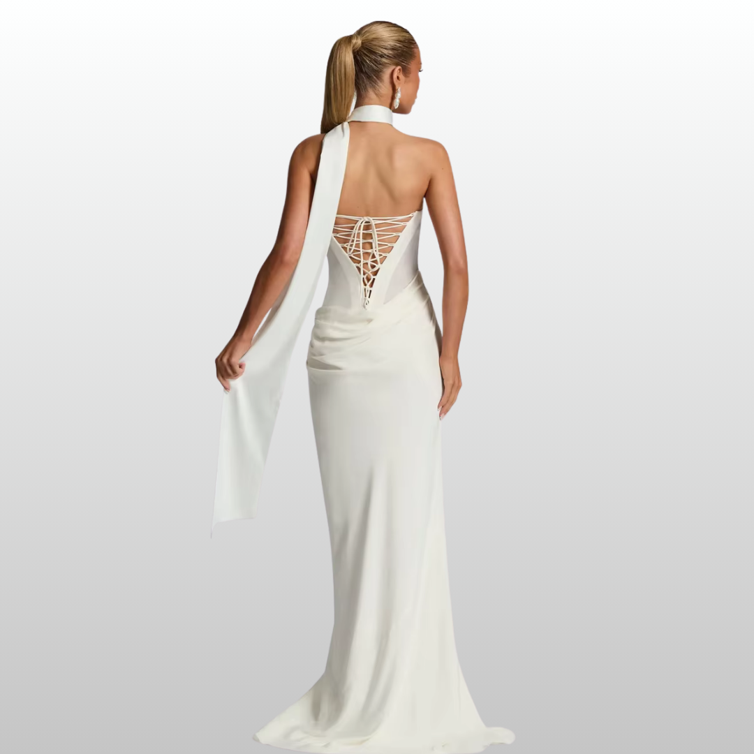 Model wearing Seraphina white strapless backless maxi dress with gloves and scarf
