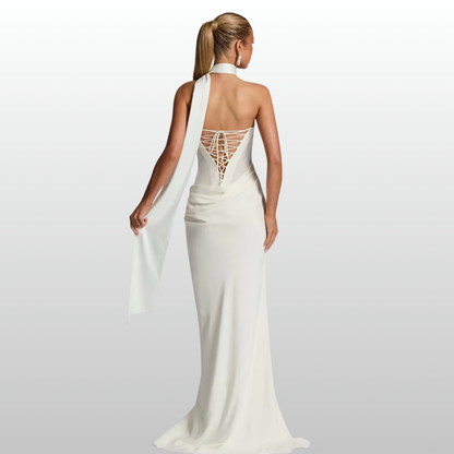 Model wearing Seraphina white strapless backless maxi dress with gloves and scarf
