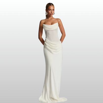 Model wearing Seraphina white strapless backless maxi dress with gloves and scarf
