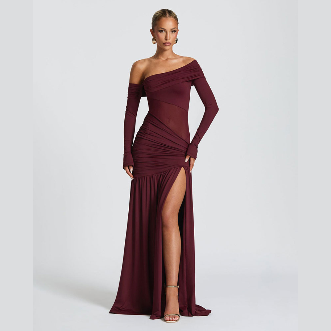 Elowen Maxi Dress in Cherry Lacquer – Elegant Satin Evening Gown with Lace-Up Back
