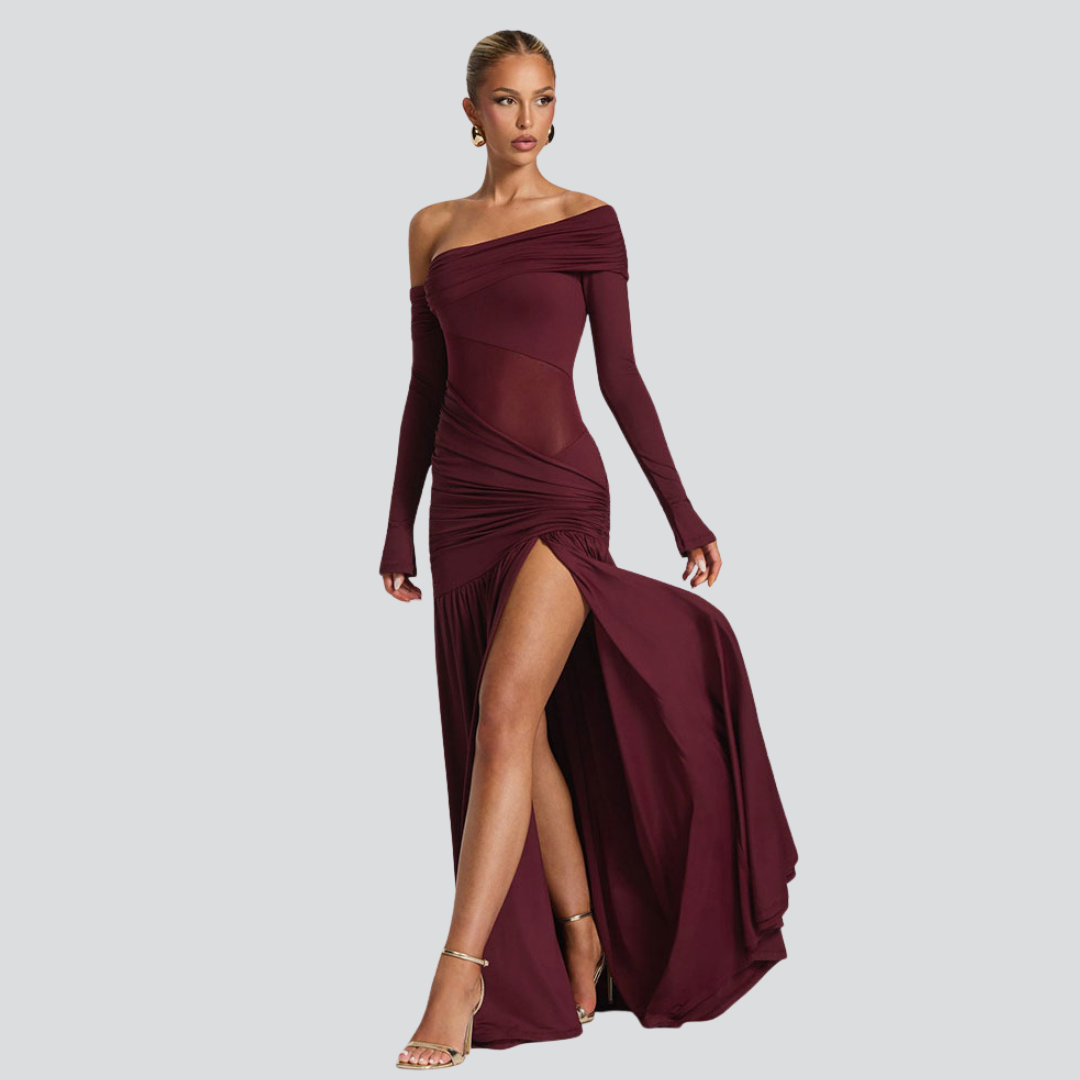 Elowen Maxi Dress in Cherry Lacquer – Elegant Satin Evening Gown with Lace-Up Back
