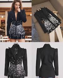Sparkly Crystal Pearl Mini Dress – Black Suit Collar Party Glam | ODI-ONE FASHION