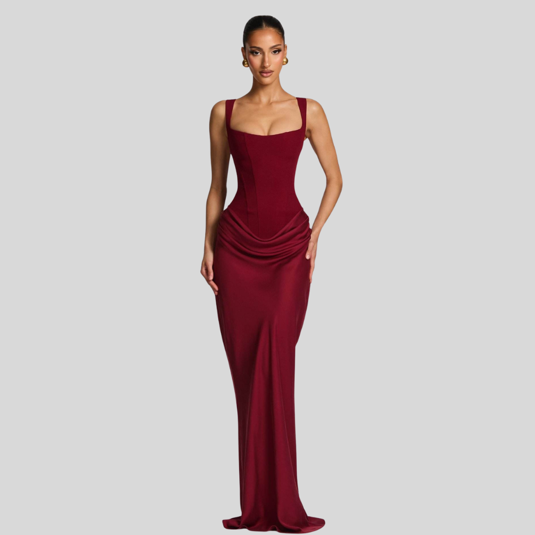 The Celina Maxi Dress in burgundy elegant evening maxi dress
