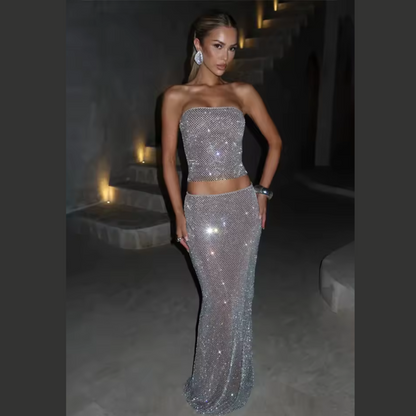 Aurelia Silver Two-Piece Set – Chic Crop Top & Bodycon Skirt Party Outfit
