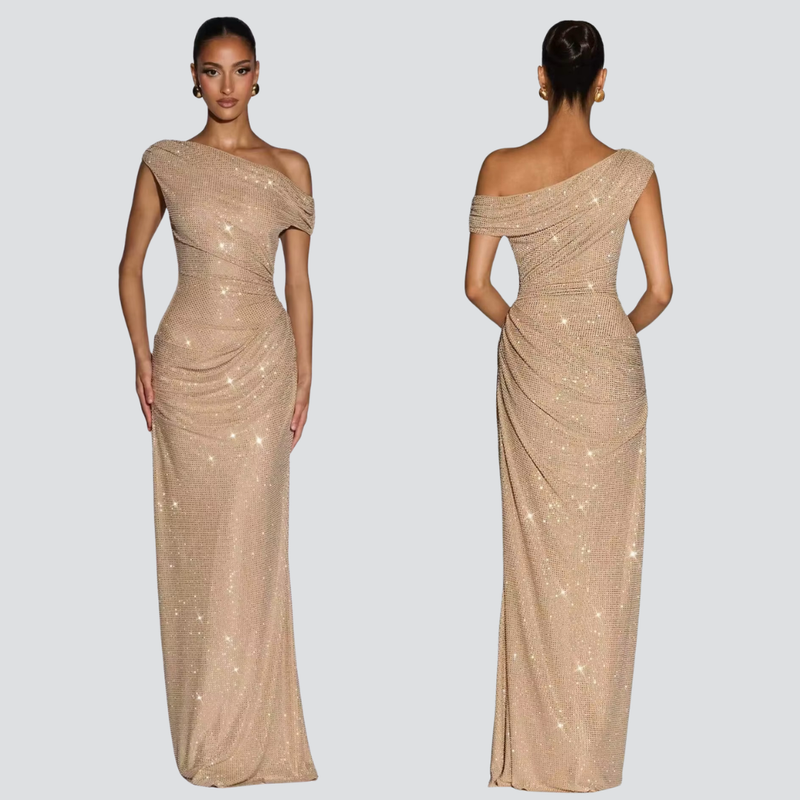 Elegant gold maxi dress showcasing a stunning floor-length silhouette with a sophisticated design.