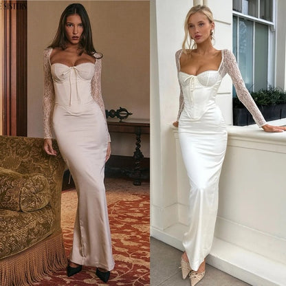 Isabella White Satin Corset Maxi Dress – Elegant women's evening and bridal gown
