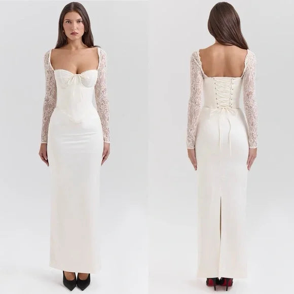 Isabella White Satin Corset Maxi Dress – Elegant women's evening and bridal gown
