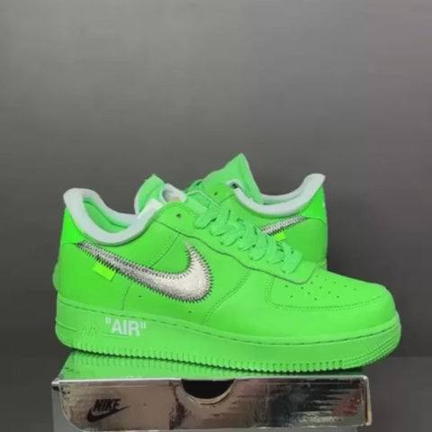 - Off-White Air Force 1 Low sneakers in Light Green Spark and Metallic Silver - side view  
- Limited edition Off-White x Nike Air Force 1 Low for men and women  
