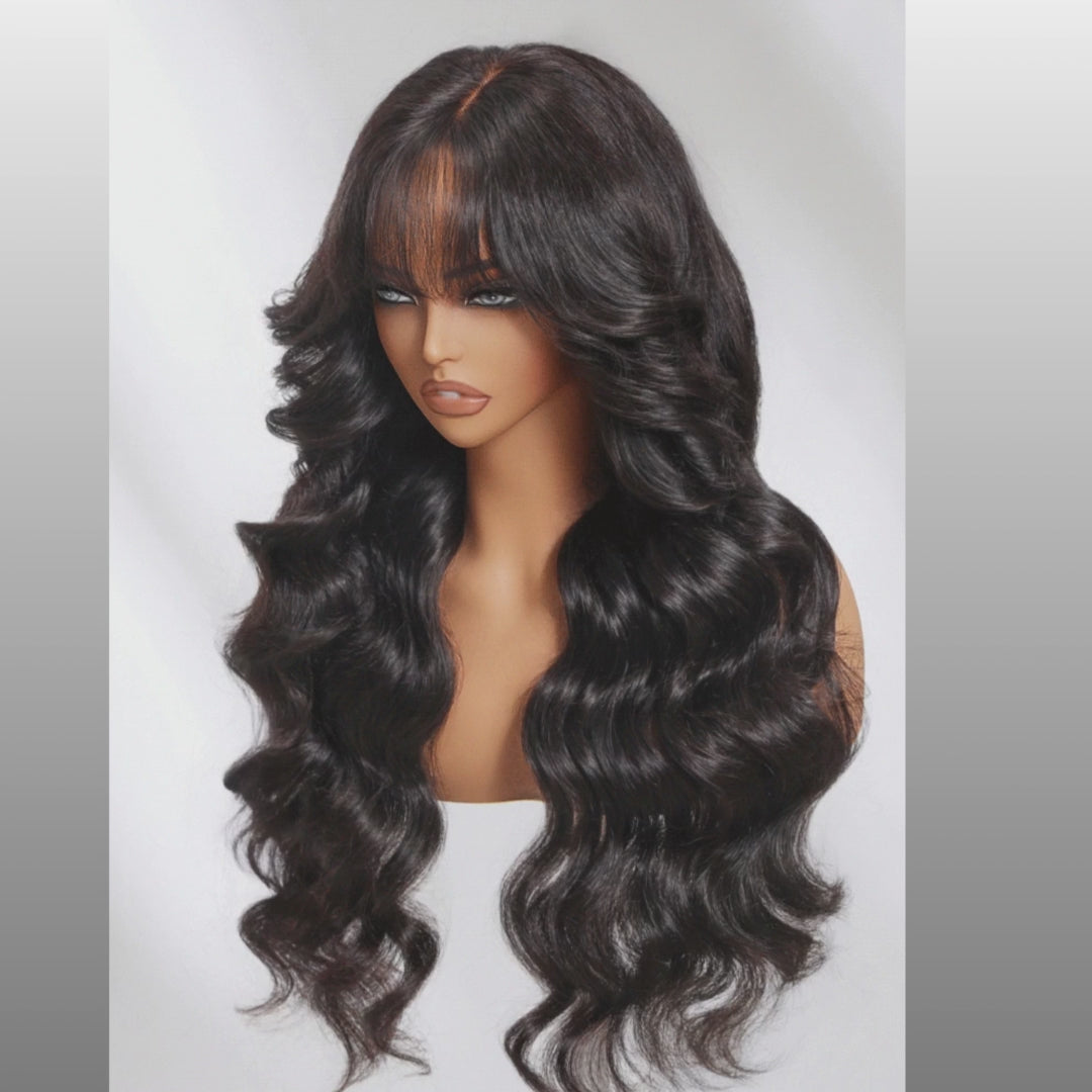 Fluffy Loose Wave Lace Frontal Wig with Curtain Bangs – Glueless 100% Human Hair Wig
