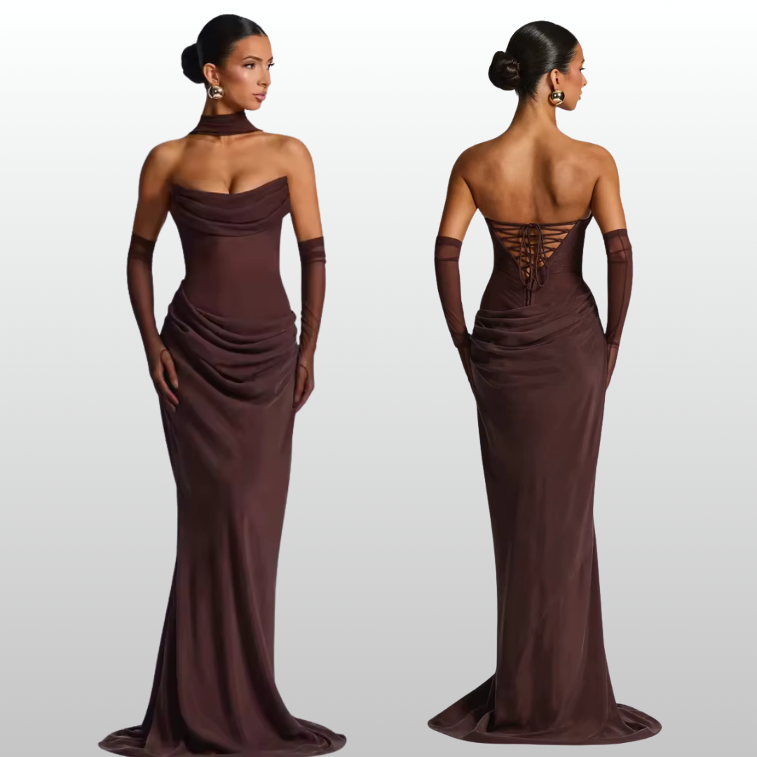 Brown evening gown with lace-up back and gloves on a white background