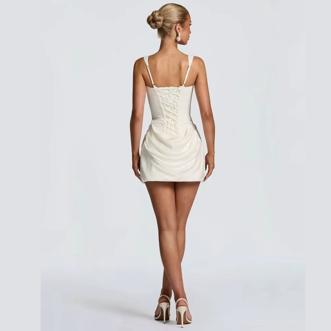 Ava Blanc Ruched Mini Dress in White – Elegant Bodycon Dress for Women
