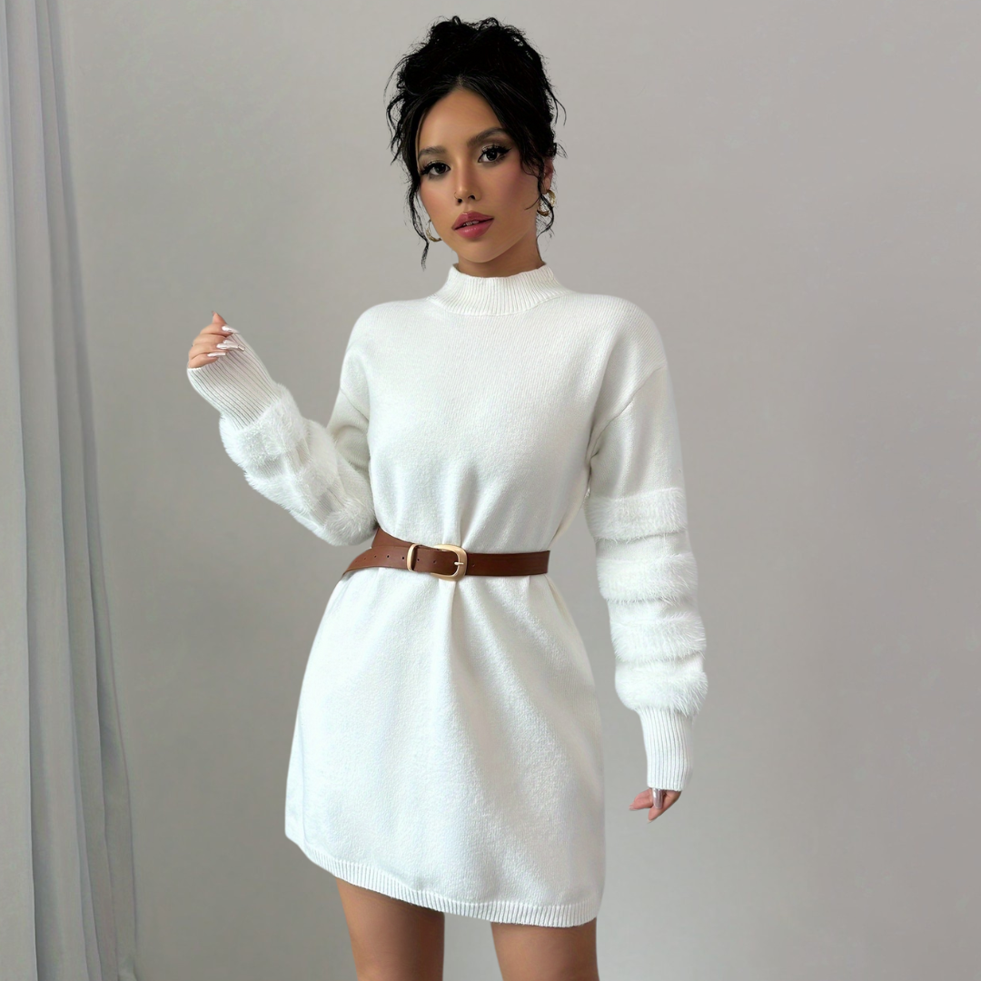 Aurora White Knit Sweater Dress – Elegant Turtleneck Pullover