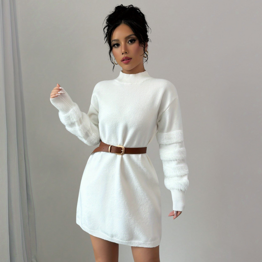 Aurora White Knit Sweater Dress – Elegant Turtleneck Pullover