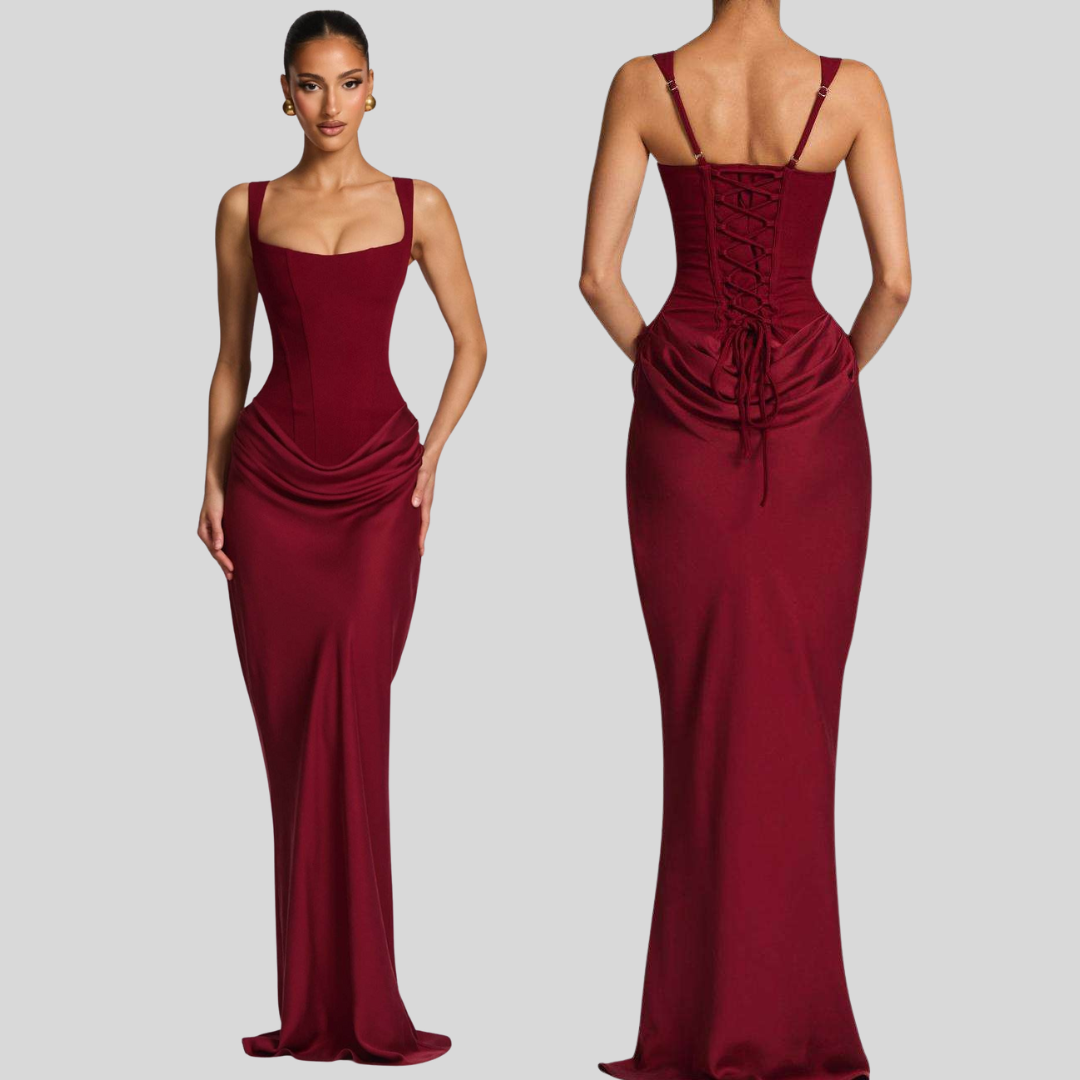 The Celina Maxi Dress in burgundy elegant evening maxi dress
