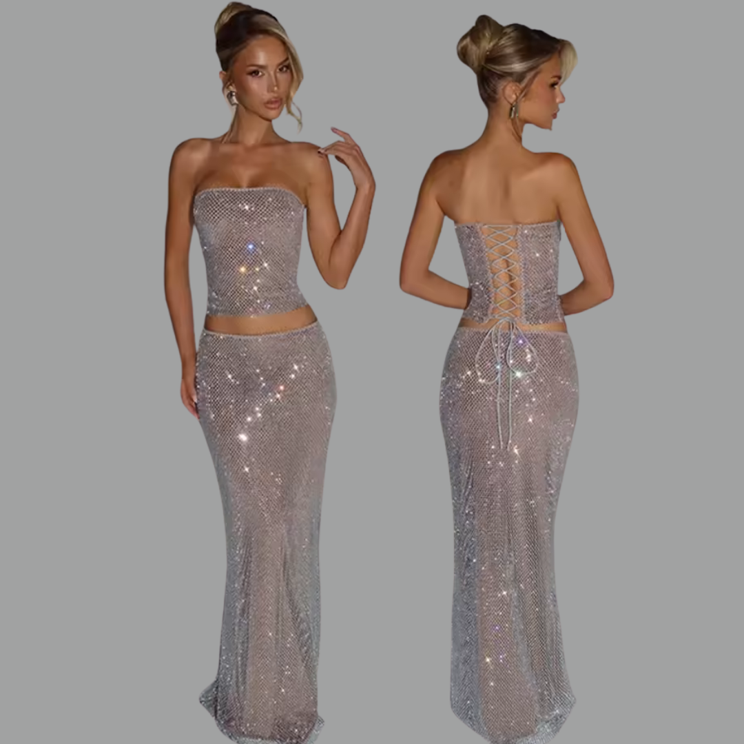 Aurelia Silver Two-Piece Set – Chic Crop Top &amp; Bodycon Skirt Party Outfit
