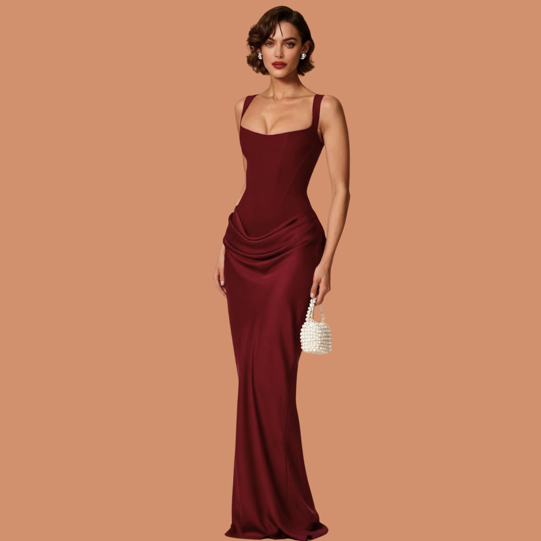Woman wearing a burgundy evening gown on a brown background