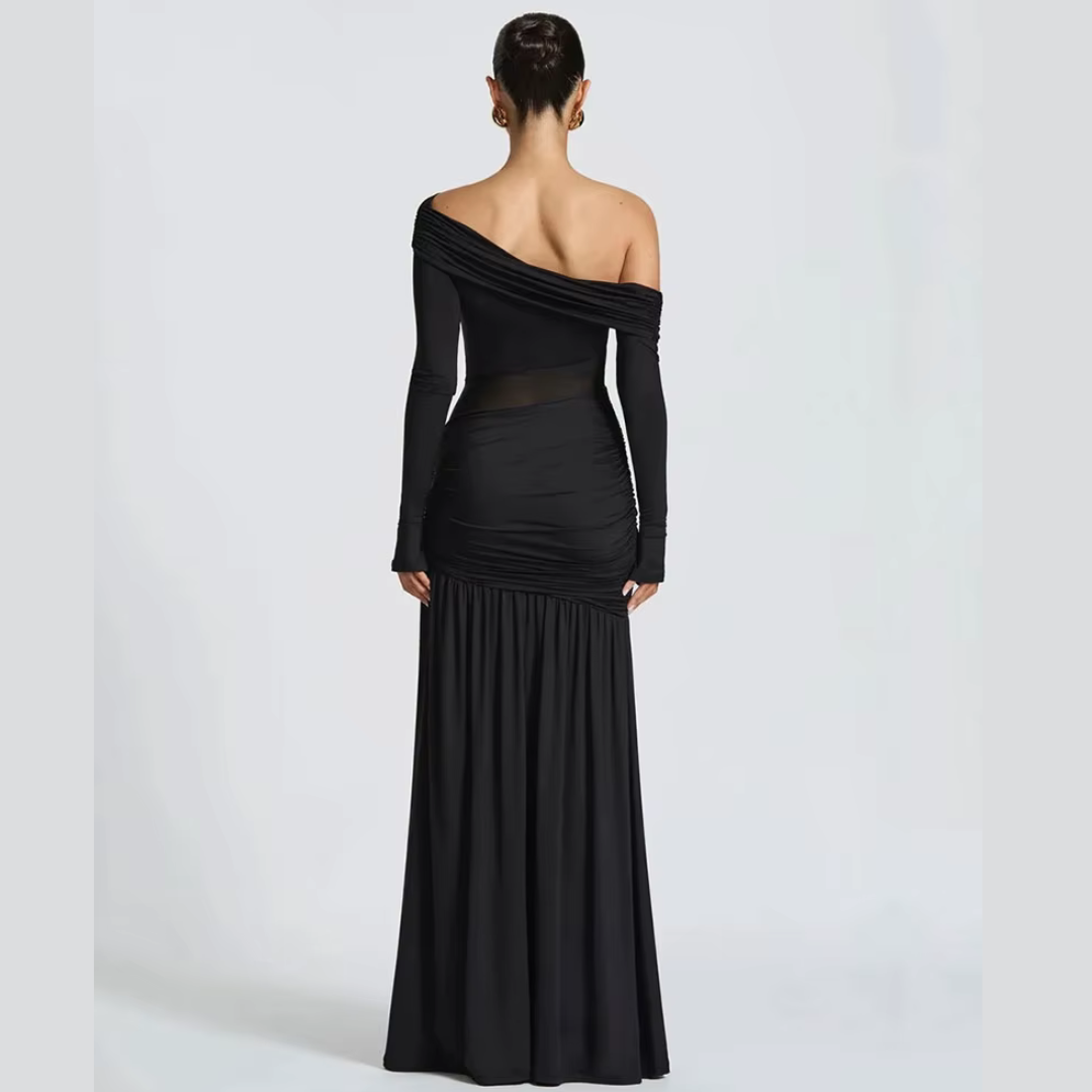 Black one-shoulder evening gown on a white background