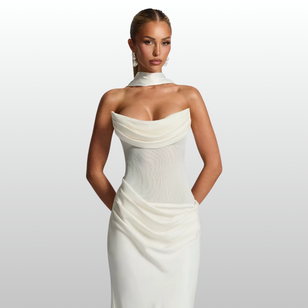 Model wearing Seraphina white strapless backless maxi dress with gloves and scarf
