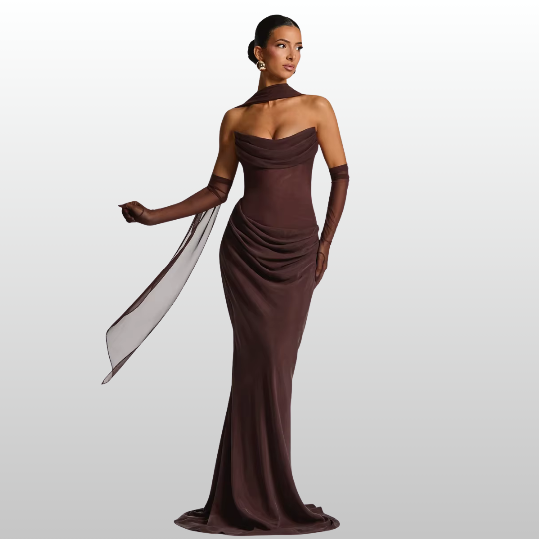 Model wearing Seraphina strapless backless maxi dress with gloves and scarf
